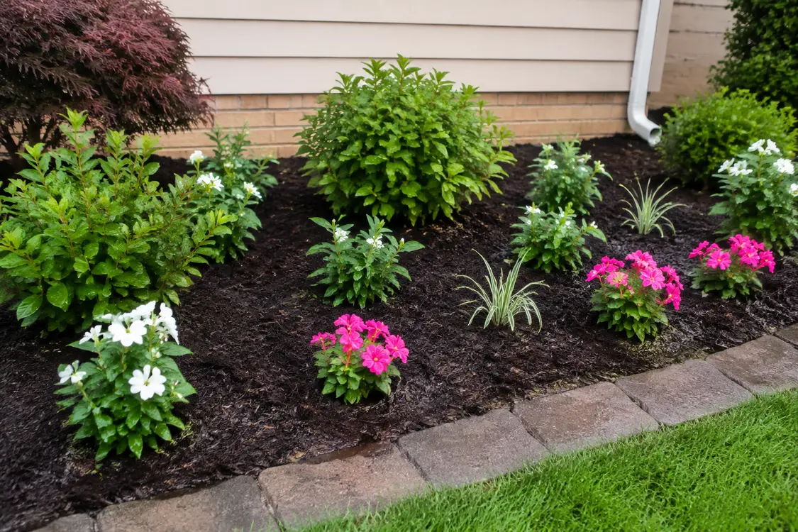 New flowering plants installed in a prepared residential planting bed